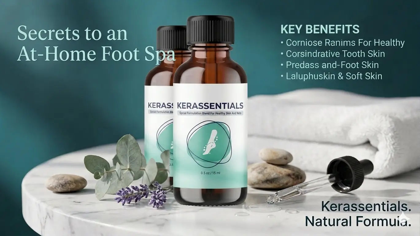 Kerassentials natural foot and nail care oil bottles with key benefits for healthy skin and nails in an at-home spa scene.