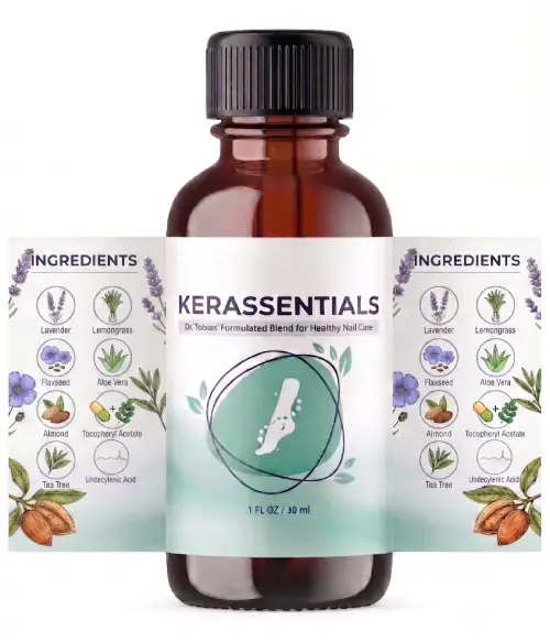 Kerassentials nail care bottle with ingredients list.